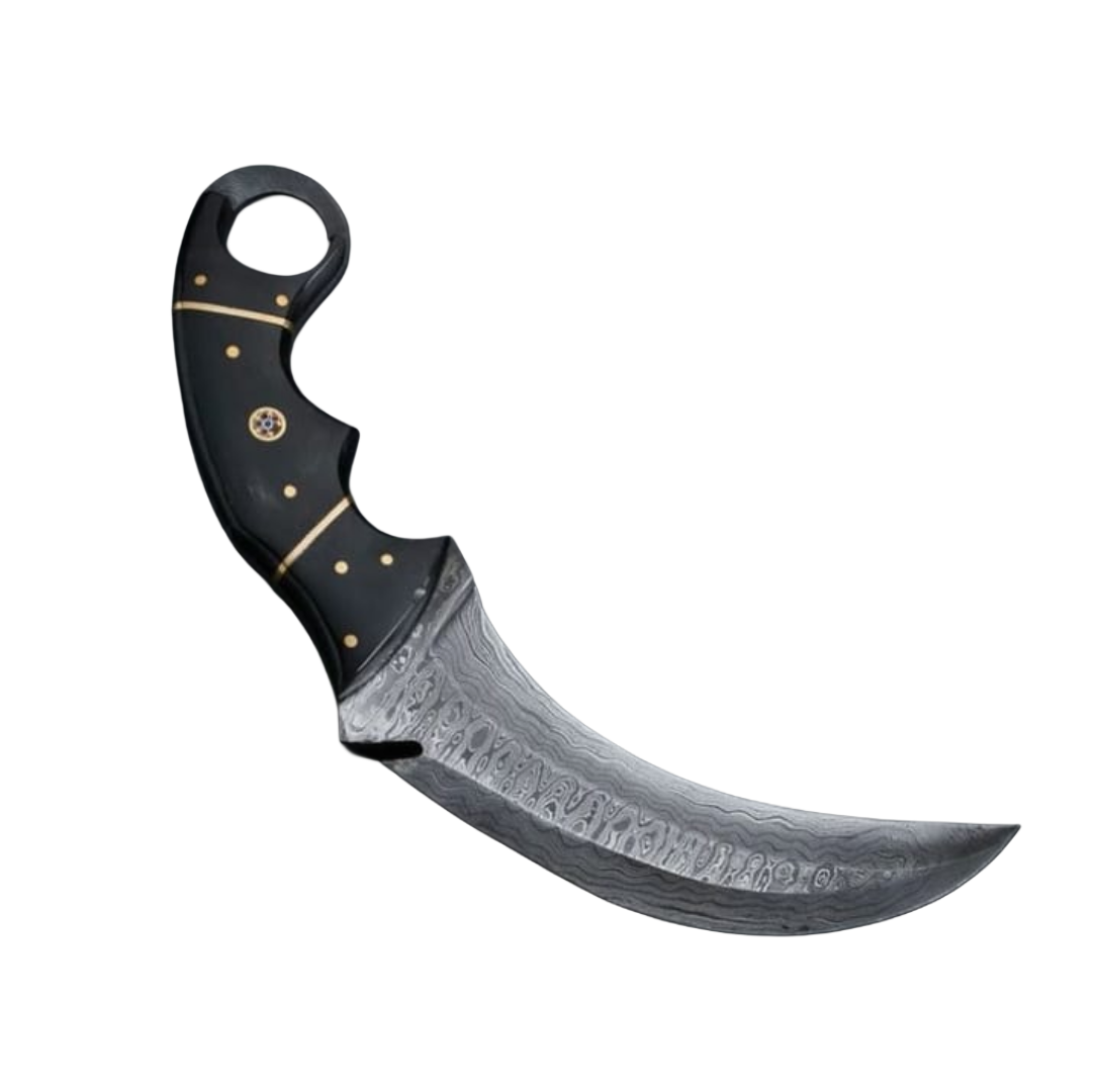 Kerambit lame 9 cm en acier de Damas, poignée en Micarta et étui en cuir de vache