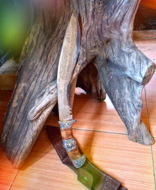Golok lame 30 cm en acier de Damas, manche en bois d'Alkasea et Duralium, étui en cuir de vache